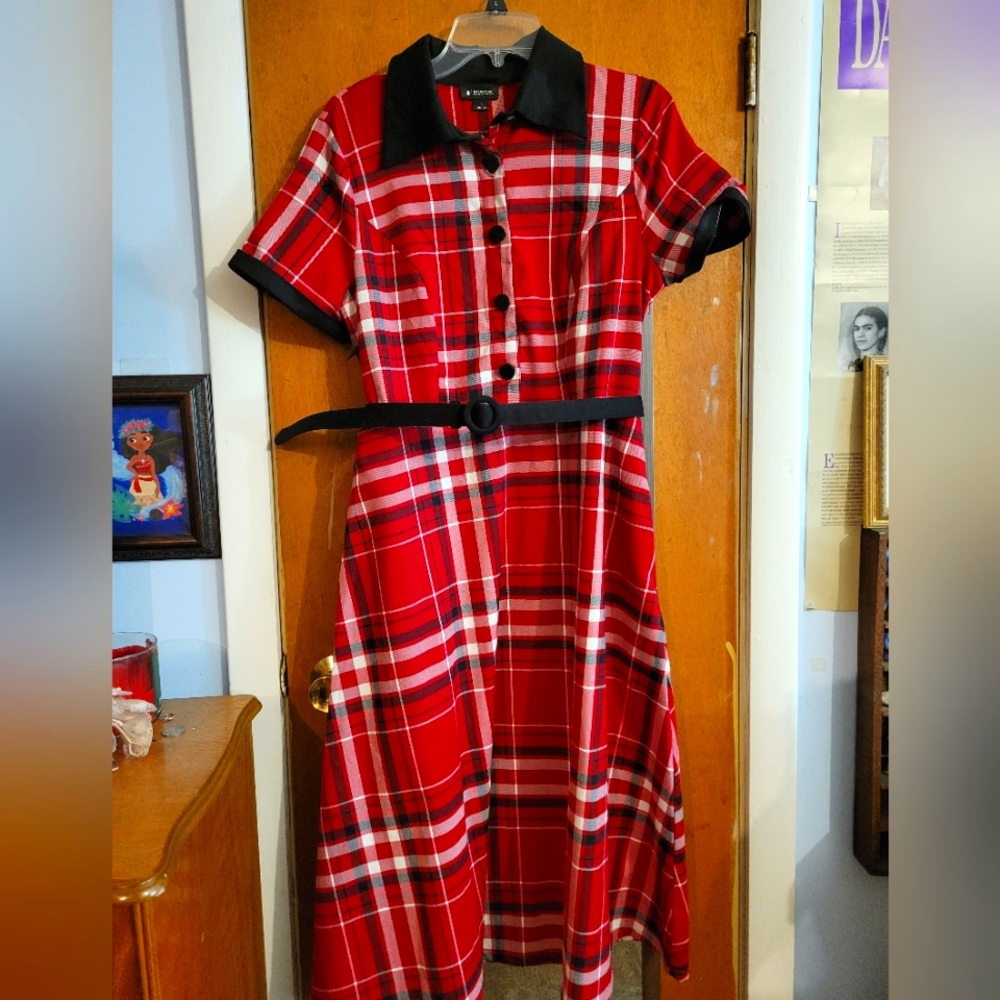 Collectif Red Black Plaid Midi Dress